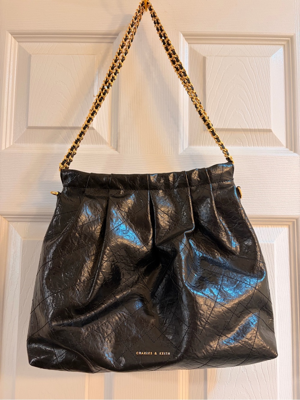 Charles & Keith Black Quilted Shoulder Bag with Gold Chain